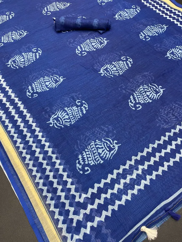 Blue Color Cotton Linen Saree With Unstitched Blouse Piece