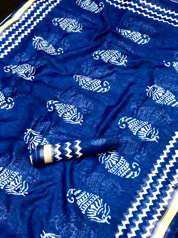 Blue Color Cotton Linen Saree With Unstitched Blouse Piece