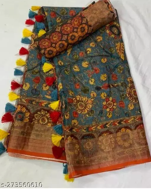 Multi Color Cotton Linen Saree With Unstitched Blouse Piece