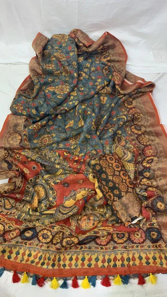 Multi Color Cotton Linen Saree With Unstitched Blouse Piece