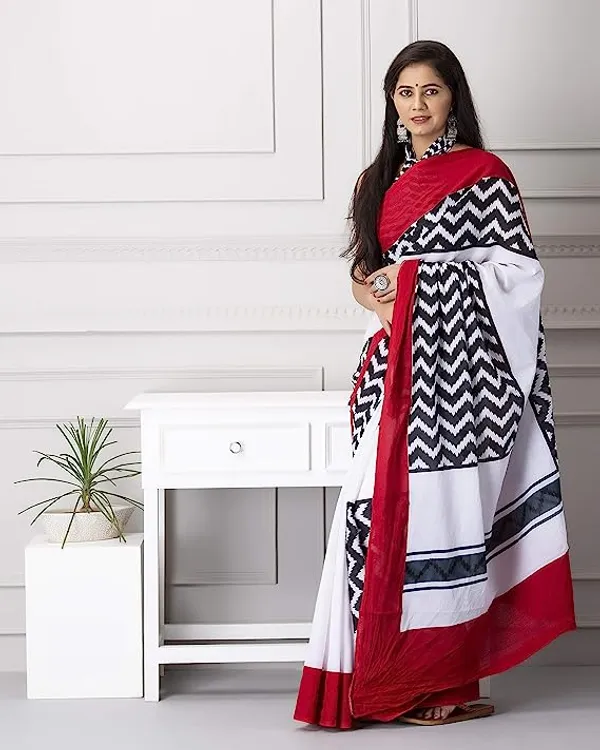 White and Red Color Cotton Linen Saree With Unstitched Blouse Piece