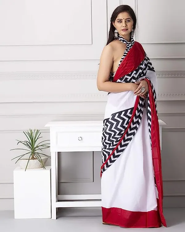 White and Red Color Cotton Linen Saree With Unstitched Blouse Piece