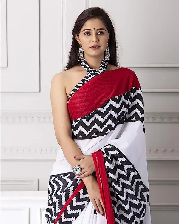 White and Red Color Cotton Linen Saree With Unstitched Blouse Piece