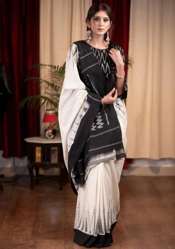Multi Color Cotton Linen Saree With Unstitched Blouse Piece