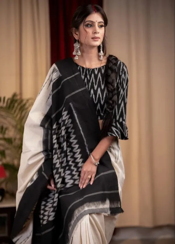 Multi Color Cotton Linen Saree With Unstitched Blouse Piece