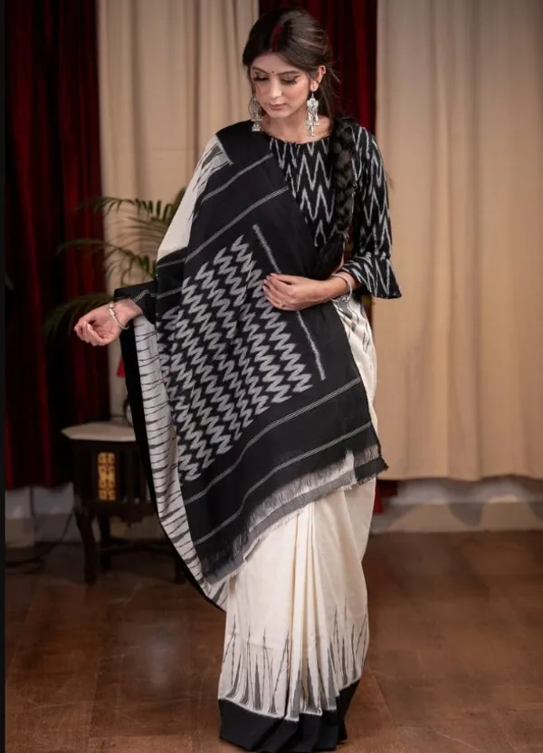 Multi Color Cotton Linen Saree With Unstitched Blouse Piece