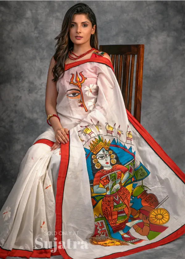 White Color Cotton Linen saree with Unstitched Blouse Piece
