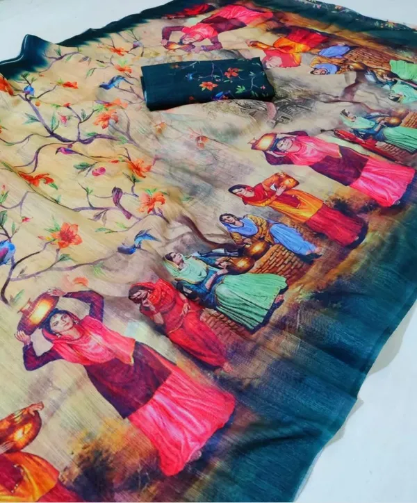 Multi Color Cotton Linen Saree With Unstitched Blouse Piece
