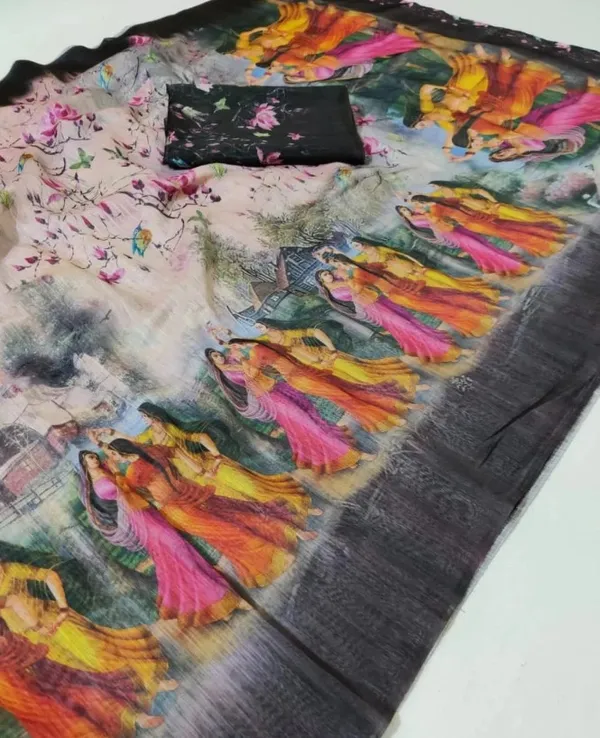 Multi Color Cotton Linen Saree With Unstitched Blouse Piece