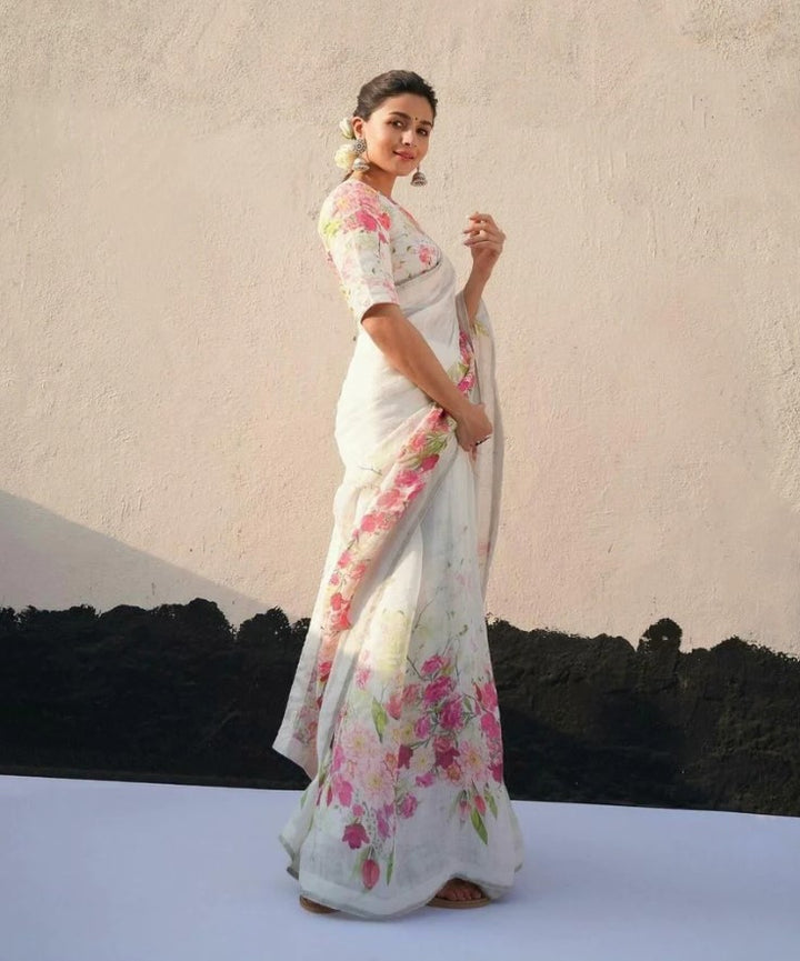White Color Cotton Linen Saree With Unstitched Blouse Piece