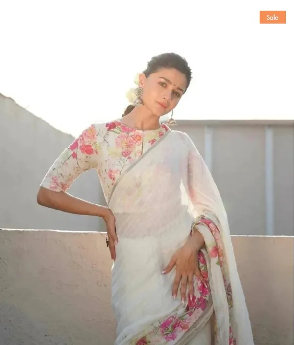 White Color Cotton Linen Saree With Unstitched Blouse Piece