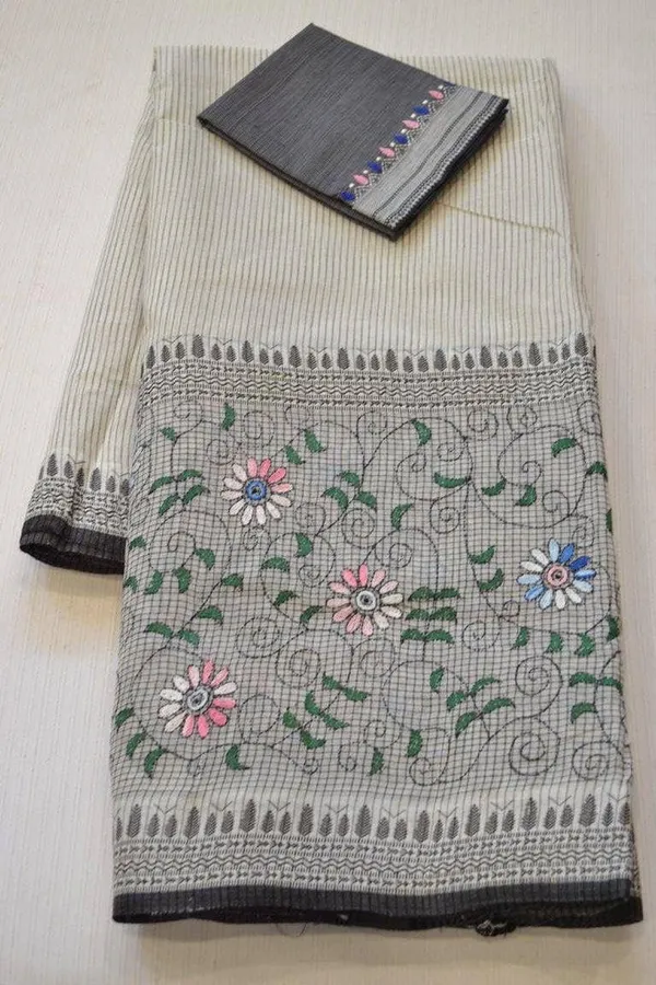 Off-White Color Cotton Linen Saree With Unstitched Blouse Piece