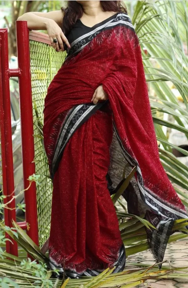 Red Color Cotton Linen Saree With Unstitched Blouse Piece