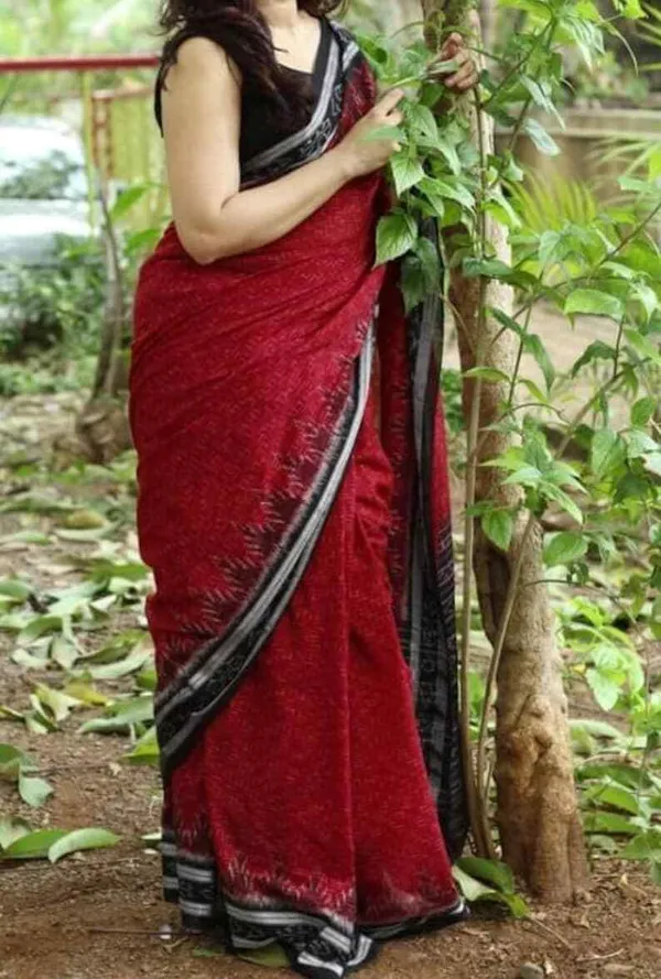 Red Color Cotton Linen Saree With Unstitched Blouse Piece