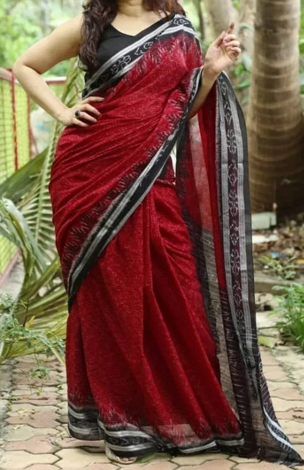 Red Color Cotton Linen Saree With Unstitched Blouse Piece