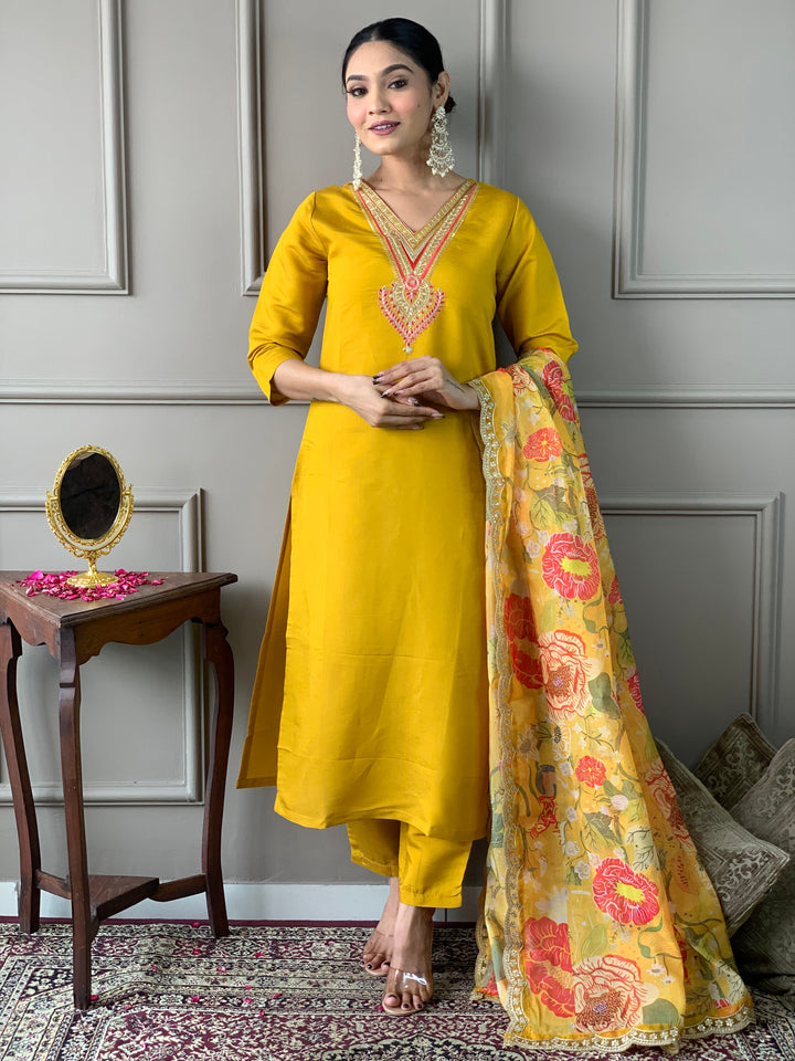 Yellow Color Chanderi Embroidered Kurta with Pant And Dupatta Sets