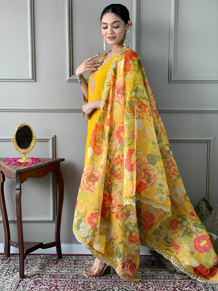 Yellow Color Chanderi Embroidered Kurta with Pant And Dupatta Sets