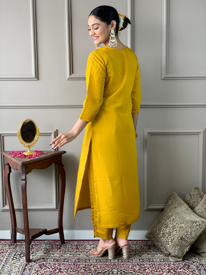 Yellow Color Chanderi Embroidered Kurta with Pant And Dupatta Sets