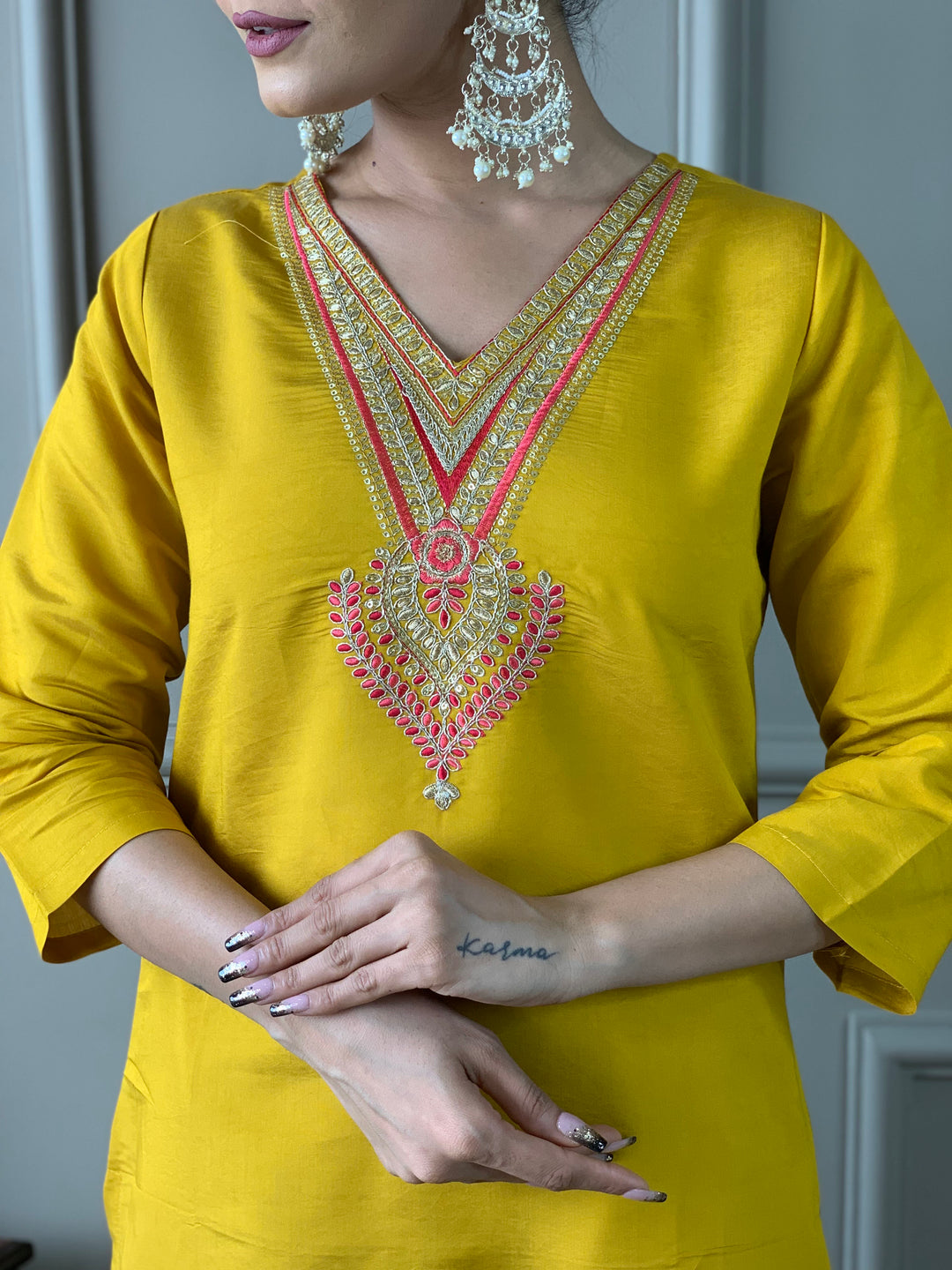 Yellow Color Chanderi Embroidered Kurta with Pant And Dupatta Sets