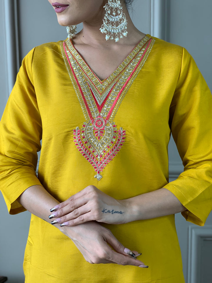 Yellow Color Chanderi Embroidered Kurta with Pant And Dupatta Sets