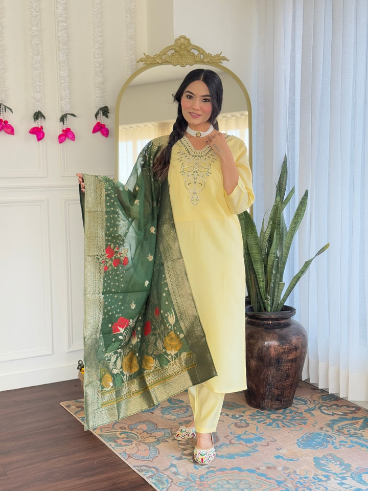 Yellow Color Viscose Chanderi Embroidered Straight  Kurta with Pant And Dupatta Sets