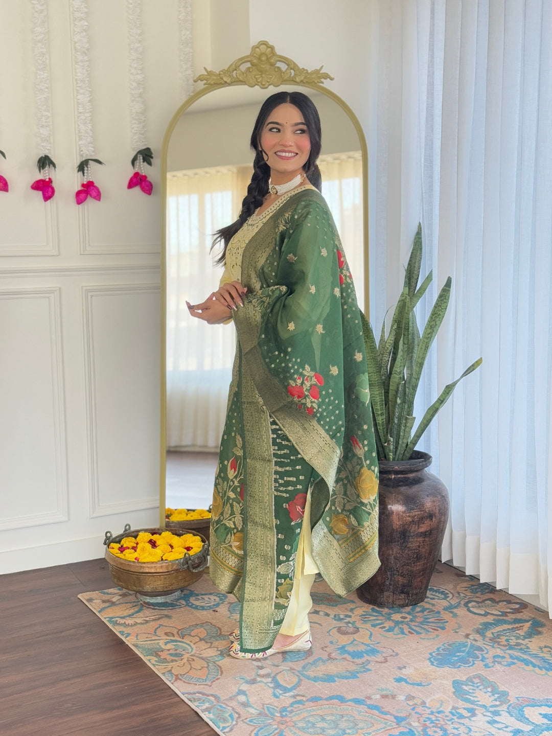 Yellow Color Viscose Chanderi Embroidered Straight  Kurta with Pant And Dupatta Sets
