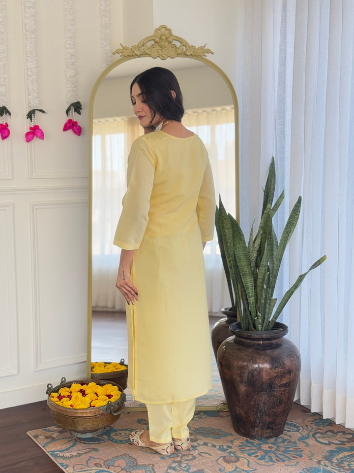 Yellow Color Viscose Chanderi Embroidered Straight  Kurta with Pant And Dupatta Sets
