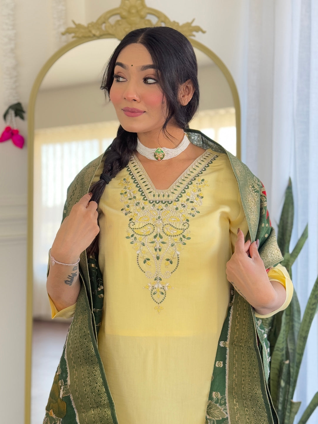 Yellow Color Viscose Chanderi Embroidered Straight  Kurta with Pant And Dupatta Sets