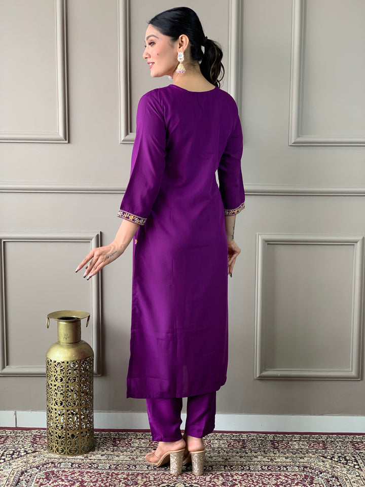 Purple Color Rayon Slub Embroidered Kurta with Pant And Dupatta Sets