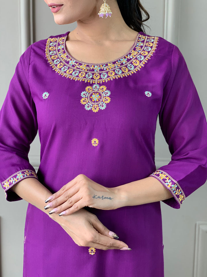 Purple Color Rayon Slub Embroidered Kurta with Pant And Dupatta Sets