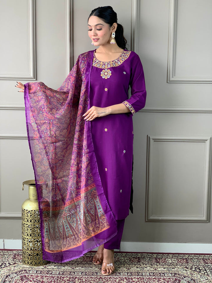 Purple Color Rayon Slub Embroidered Kurta with Pant And Dupatta Sets