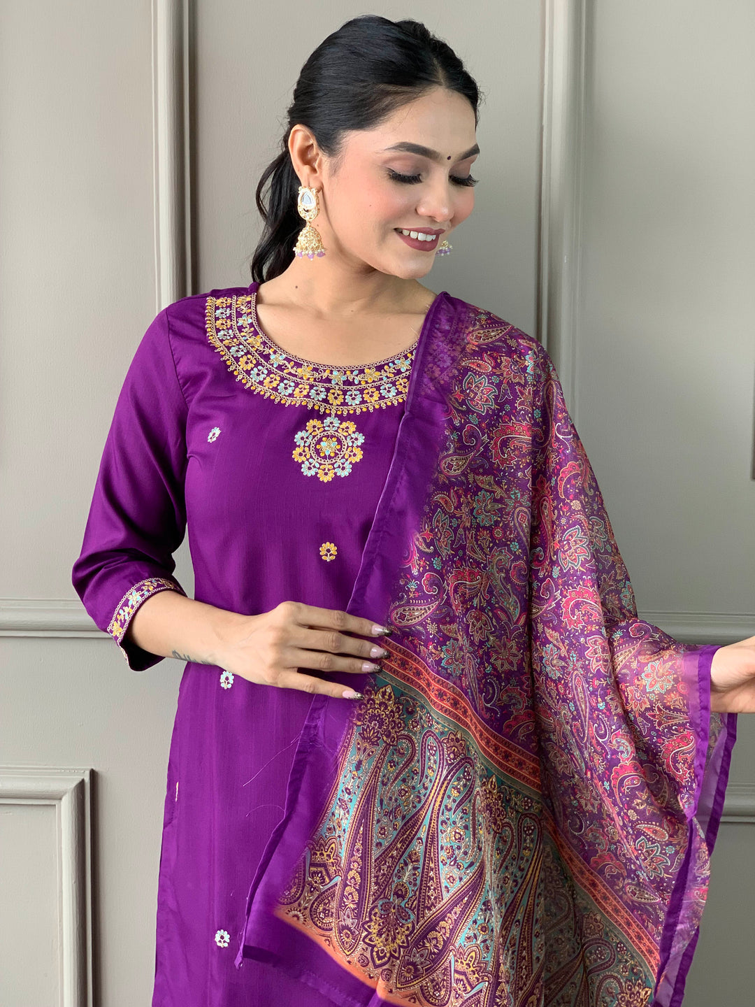 Purple Color Rayon Slub Embroidered Kurta with Pant And Dupatta Sets