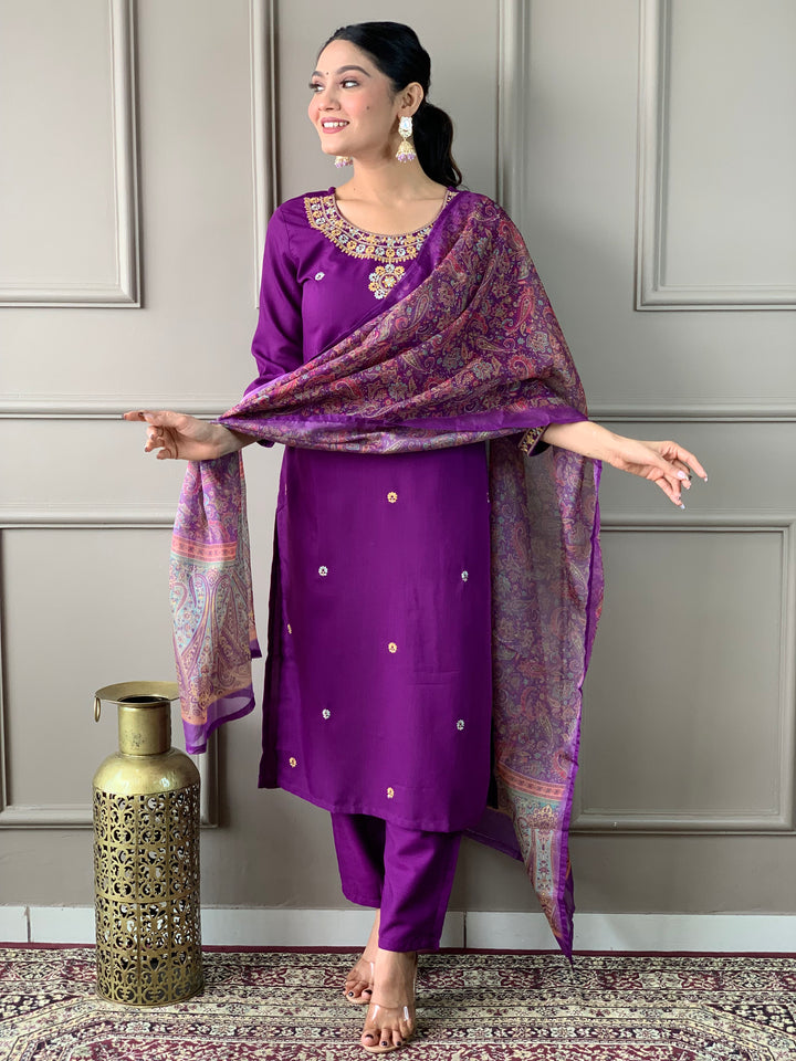 Purple Color Rayon Slub Embroidered Kurta with Pant And Dupatta Sets
