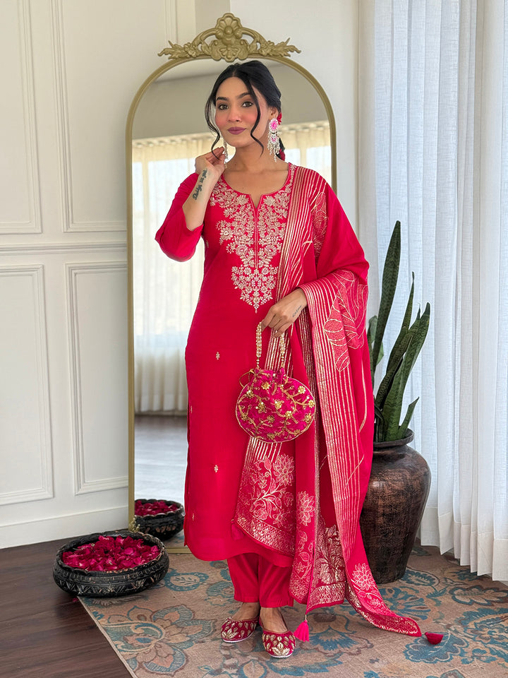 Rani Color Roman Silk with Embroidered Kurta with Pant And Dupatta Sets