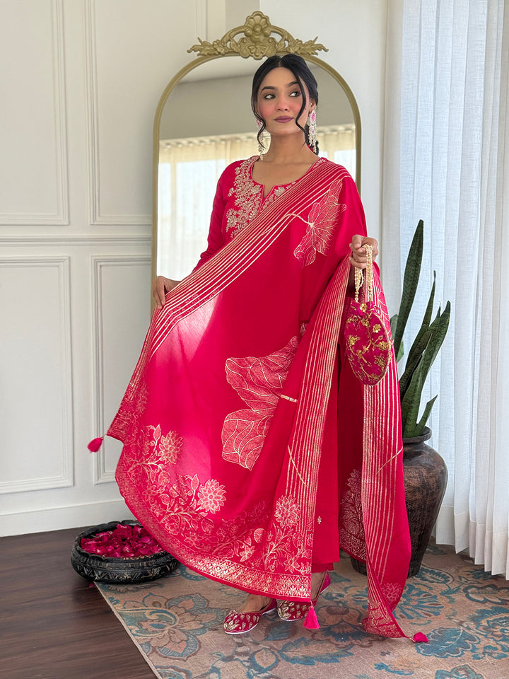 Rani Color Roman Silk with Embroidered Kurta with Pant And Dupatta Sets