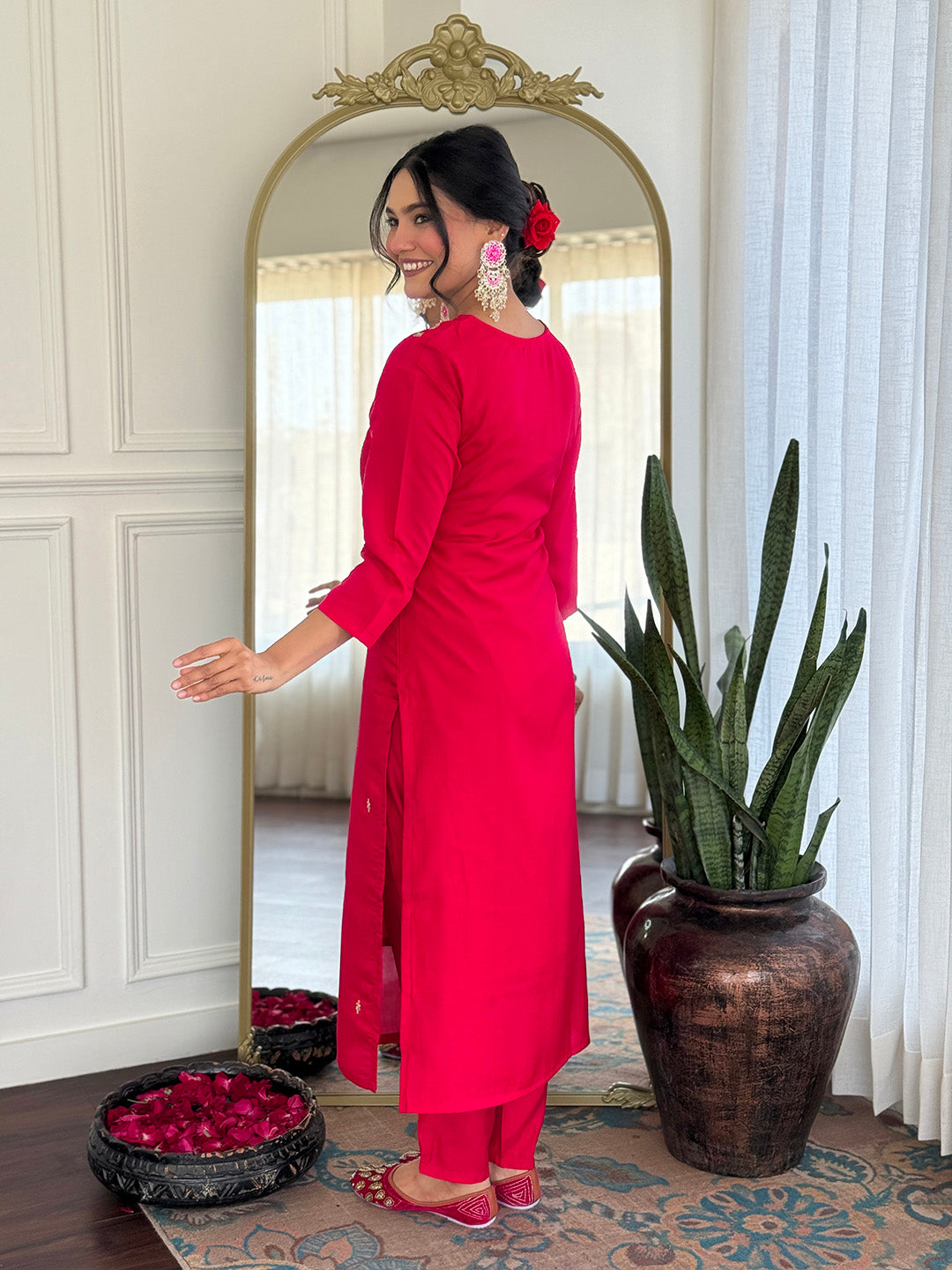 Rani Color Roman Silk with Embroidered Kurta with Pant And Dupatta Sets