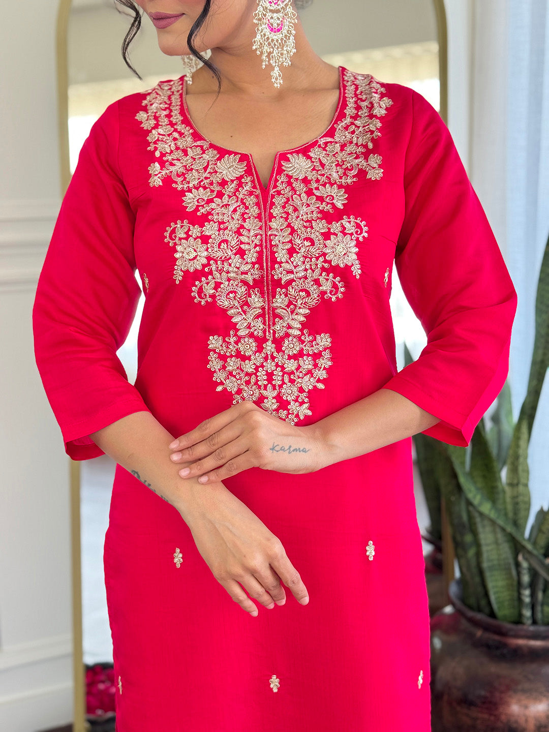 Rani Color Roman Silk with Embroidered Kurta with Pant And Dupatta Sets