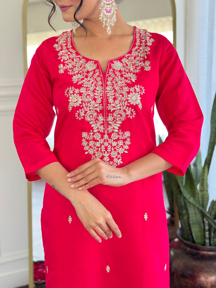 Rani Color Roman Silk with Embroidered Kurta with Pant And Dupatta Sets