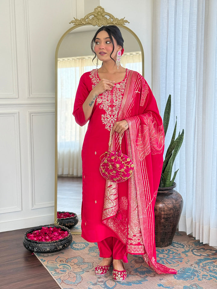 Rani Color Roman Silk with Embroidered Kurta with Pant And Dupatta Sets