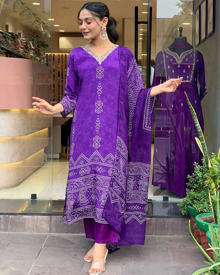 Purple Color French Crepe Printed Embroidery Kurti With Pant And  Dupatta Set