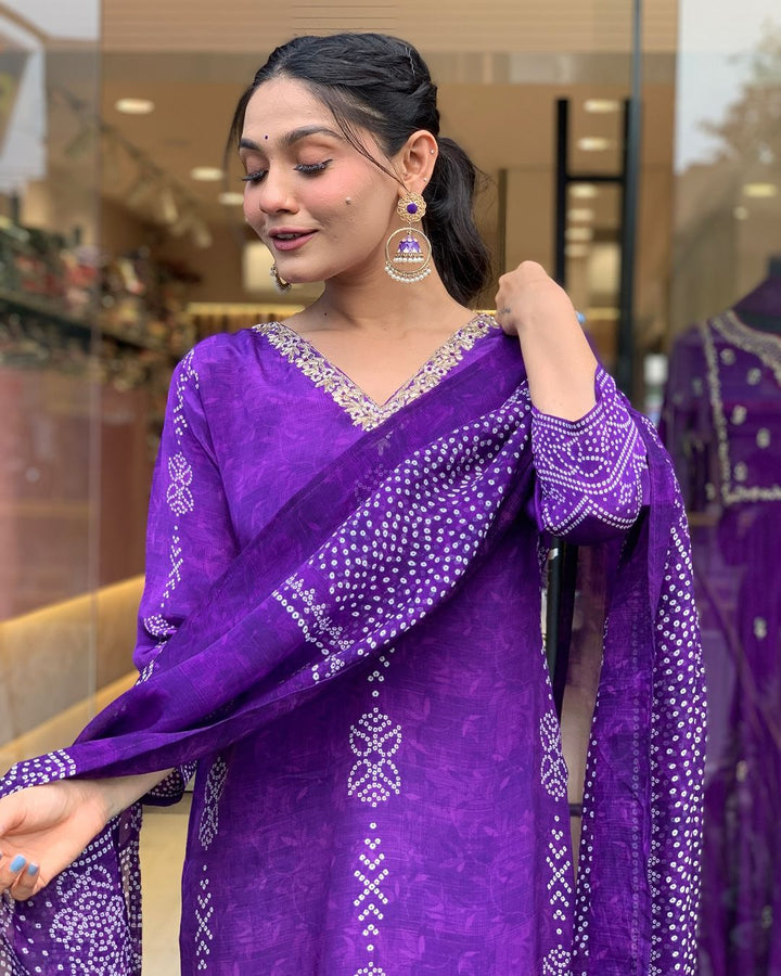 Purple Color French Crepe Printed Embroidery Kurti With Pant And  Dupatta Set