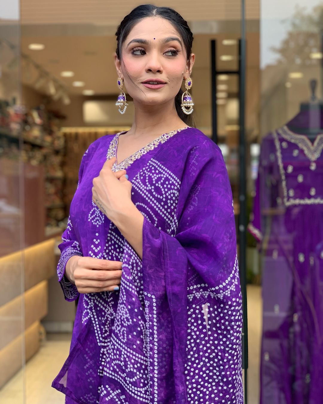 Purple Color French Crepe Printed Embroidery Kurti With Pant And  Dupatta Set