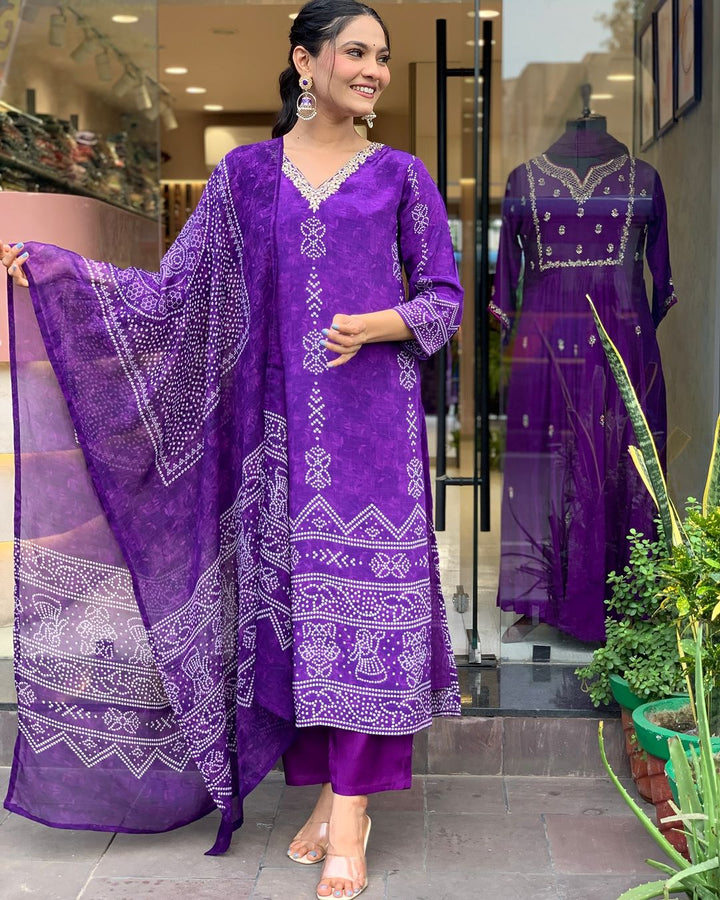 Purple Color French Crepe Printed Embroidery Kurti With Pant And  Dupatta Set