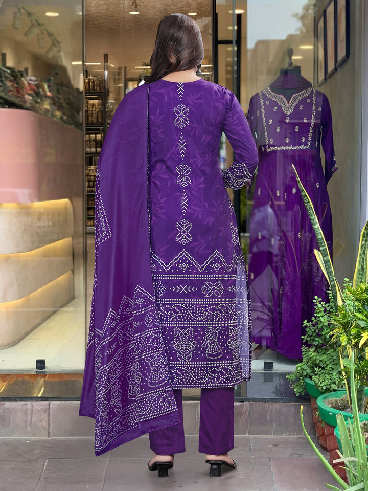 Purple Color French Crepe Printed Embroidery Kurti With Pant And  Dupatta Set