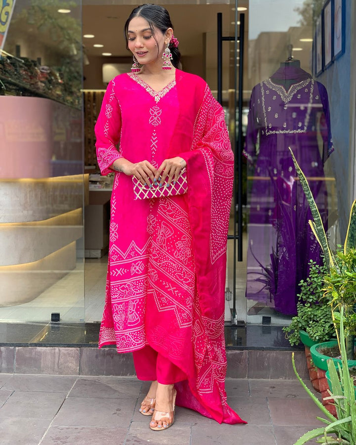 Pink Color French Crepe Printed Embroidery Kurti With Pant And  Dupatta Set