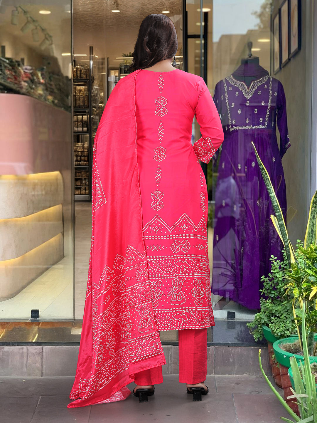 Pink Color French Crepe Printed Embroidery Kurti With Pant And  Dupatta Set