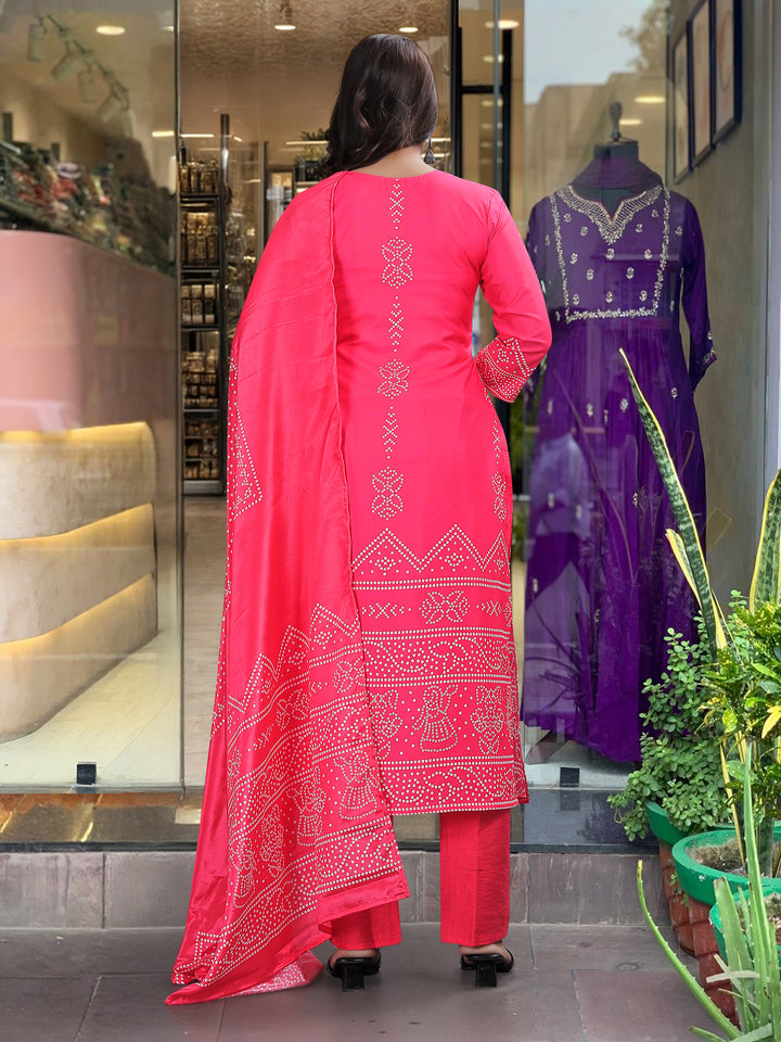 Pink Color French Crepe Printed Embroidery Kurti With Pant And  Dupatta Set