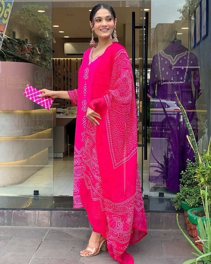 Pink Color French Crepe Printed Embroidery Kurti With Pant And  Dupatta Set