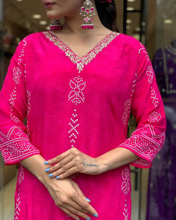 Pink Color French Crepe Printed Embroidery Kurti With Pant And  Dupatta Set