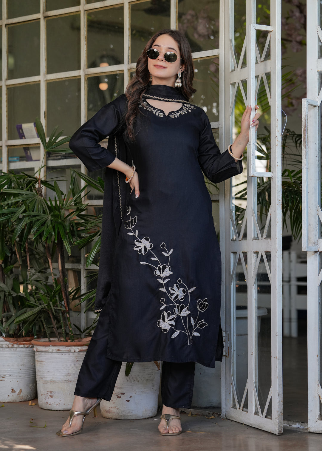 Black Color Viscose Rayon Embroidery Kurti With Pant And  Dupatta Set